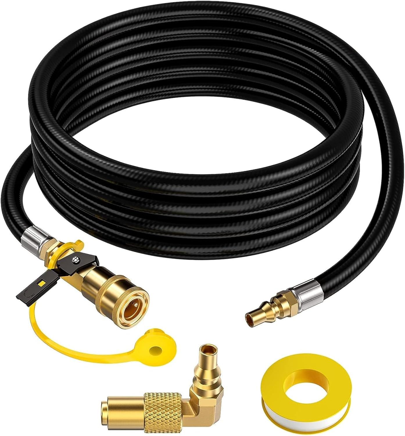 GasXpert 12 FT RV propane hose front view with elbow adapter