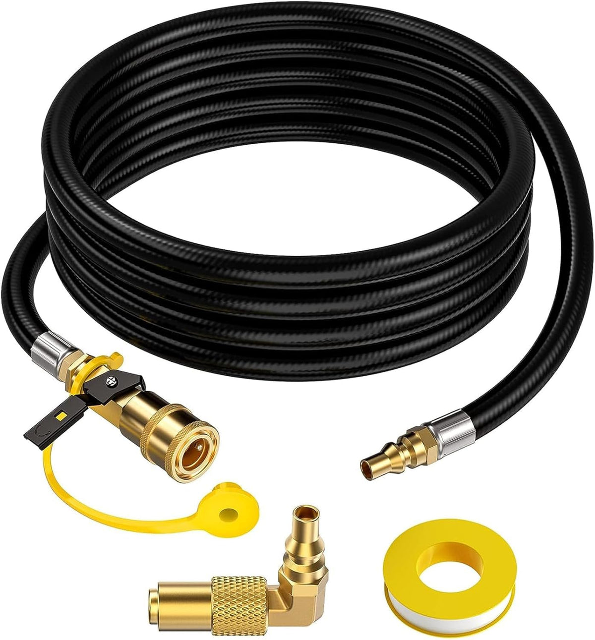 GasXpert 12 FT RV propane hose front view with elbow adapter