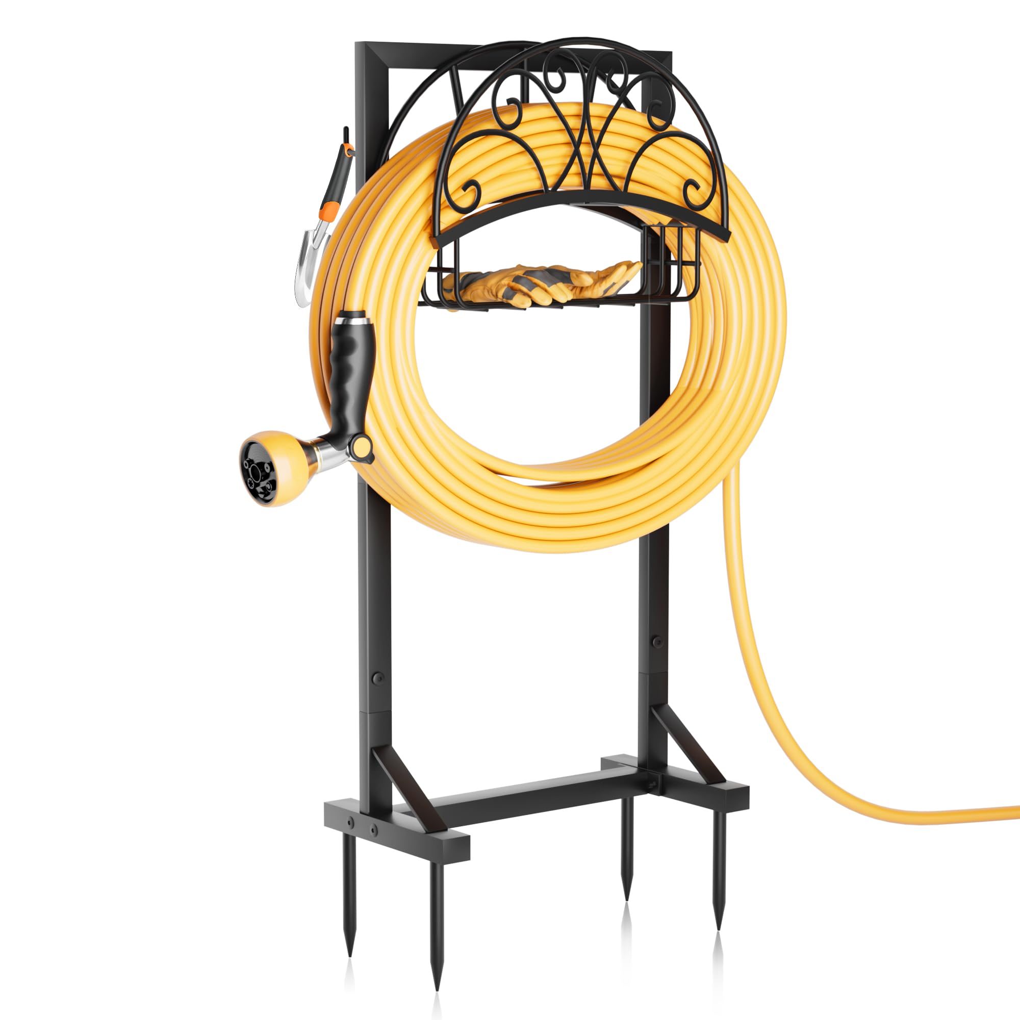 GAVISCITY Garden Hose Holder with storage basket, front view