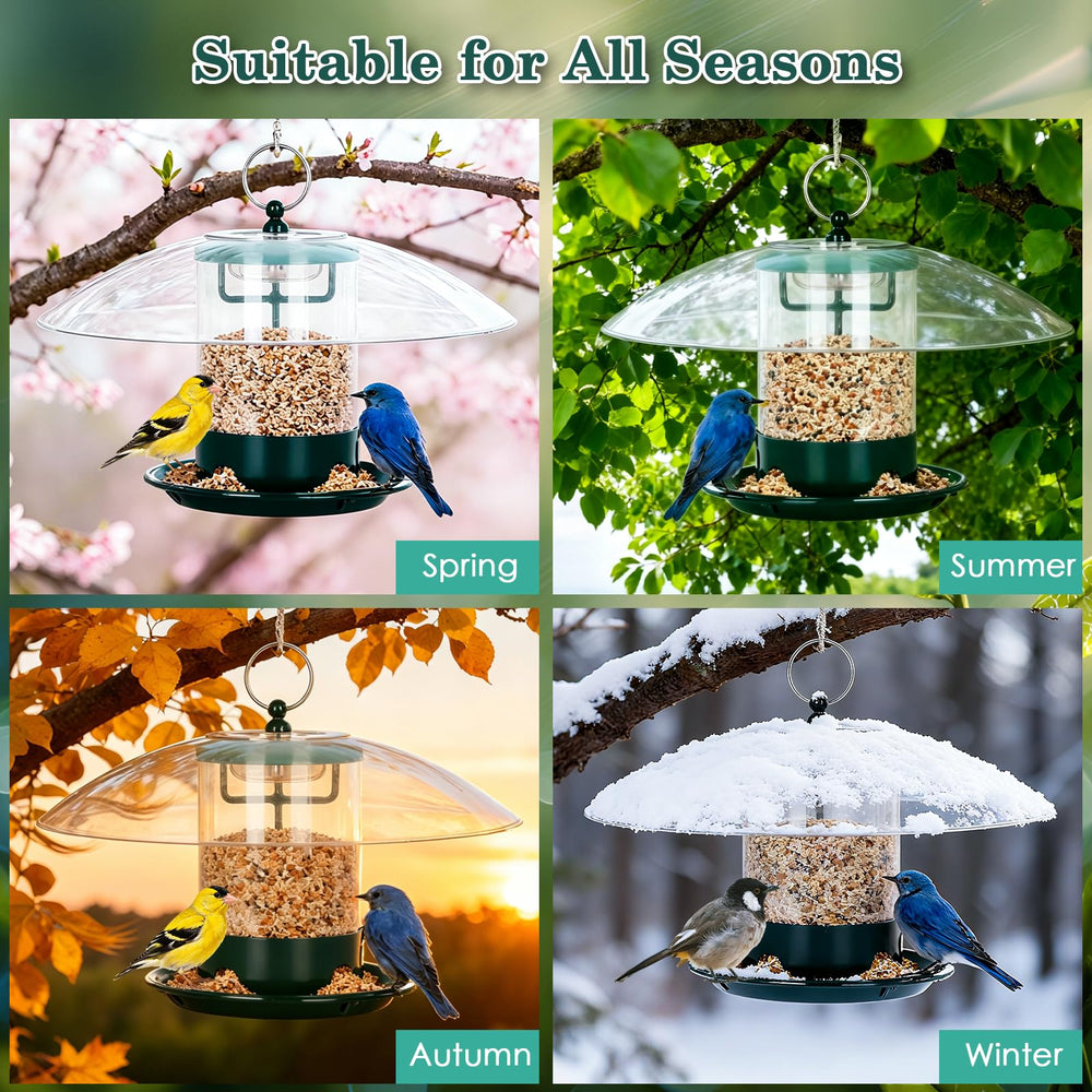 Gbekery bird feeder on a patio with birds feeding around it