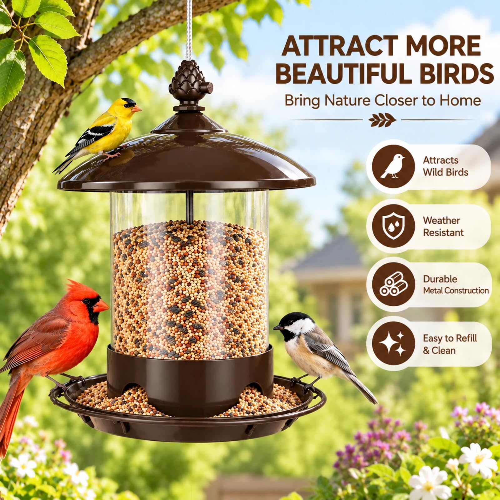 Gbekery Bird Feeder with a clear PC tube for monitoring seed levels