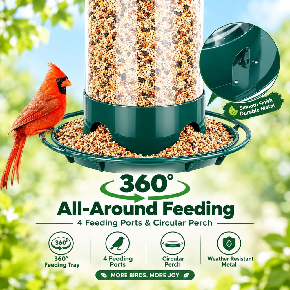 Gbekery Metal Bird Feeder showing squirrel deterrent slider-lock cap