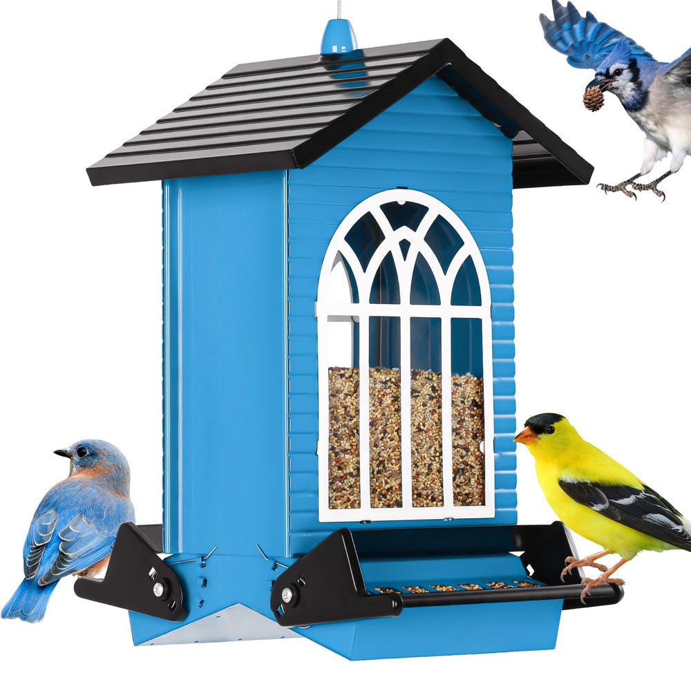 Gbekery Squirrel Proof Bird Feeder, blue metal design front view