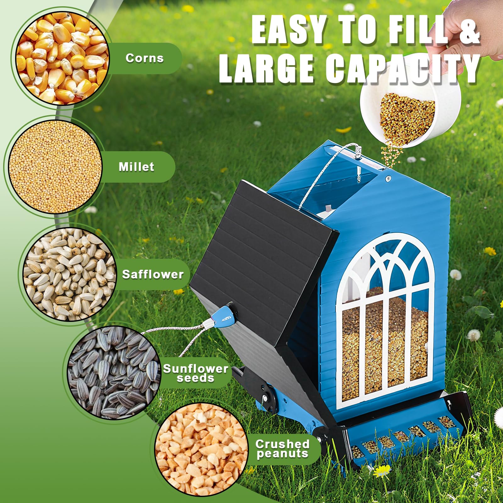 Gbekery Squirrel Proof Bird Feeder lid open for refilling