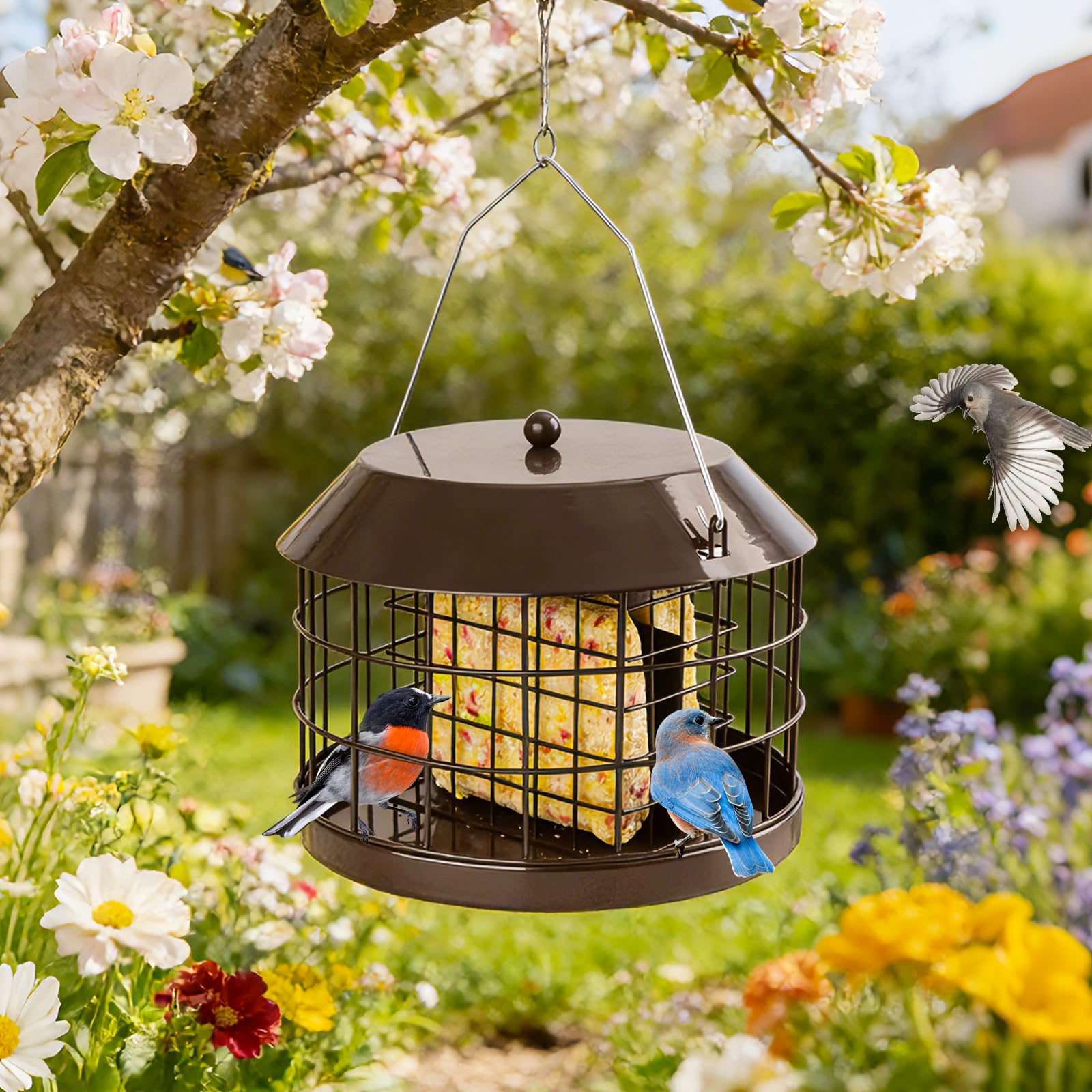 Gbekery Squirrel Proof Suet Bird Feeder in outdoor garden setting