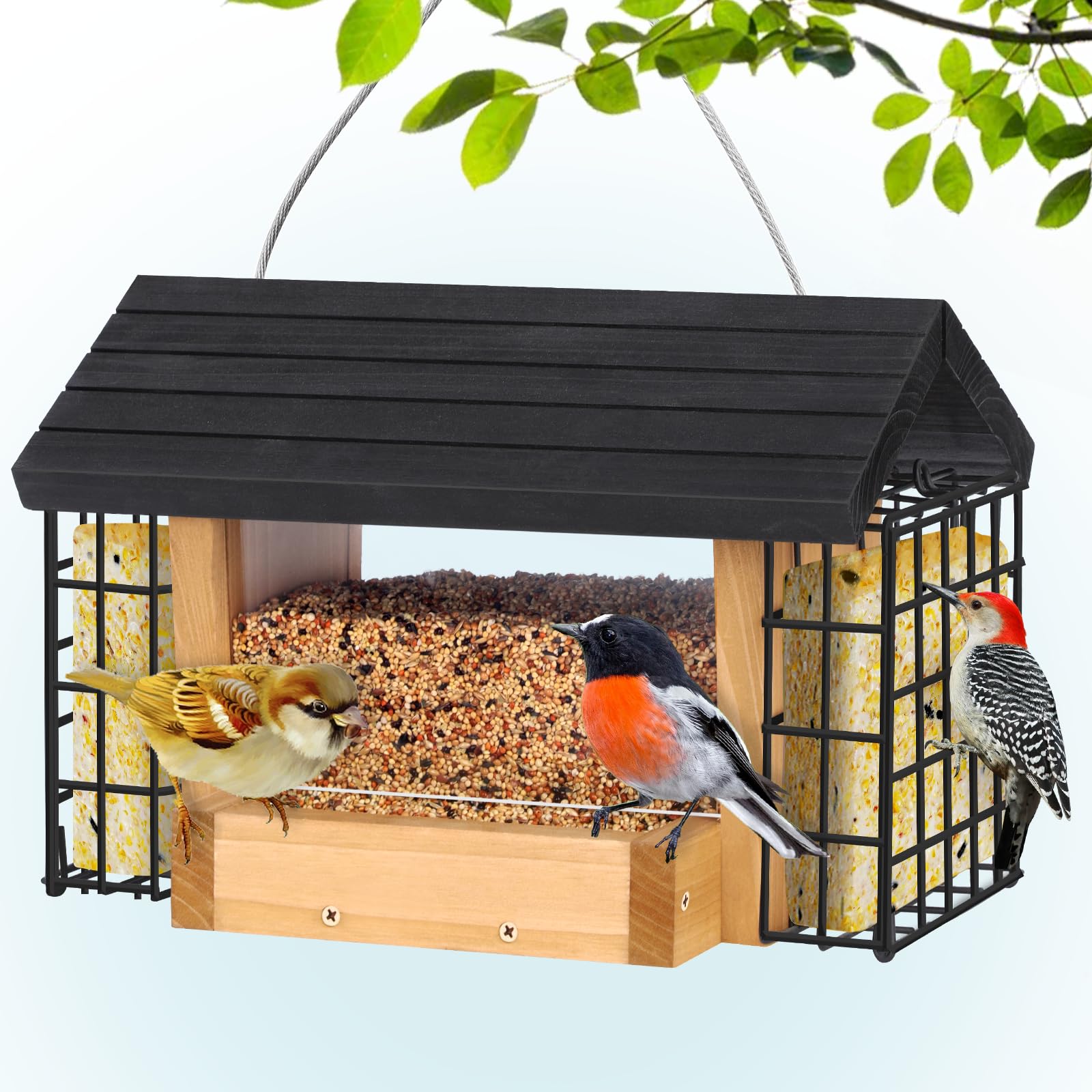 Gbekery Wooden Bird Feeder front view with double suet cages