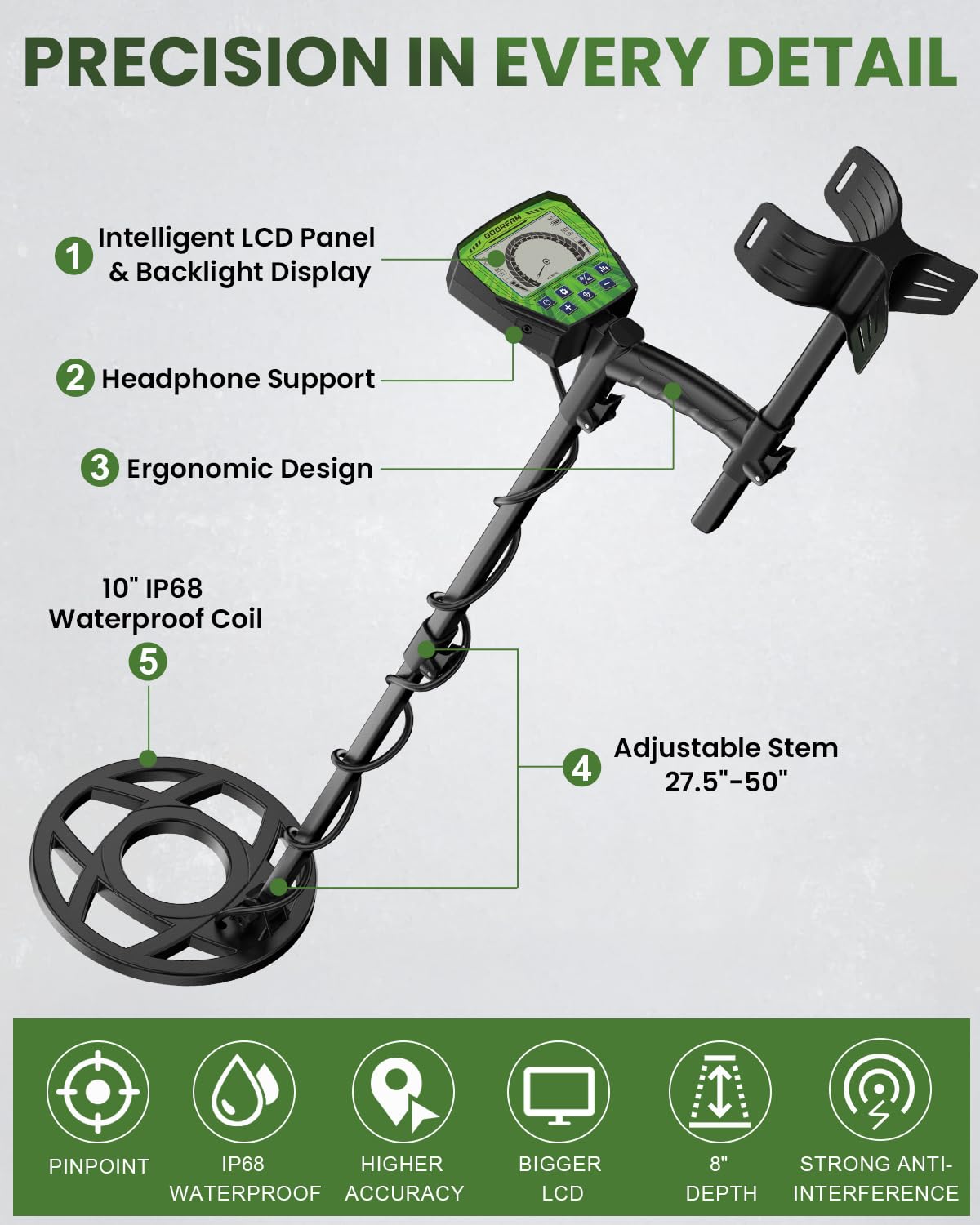 GDDREAM Metal Detector adjustable shaft in green and black