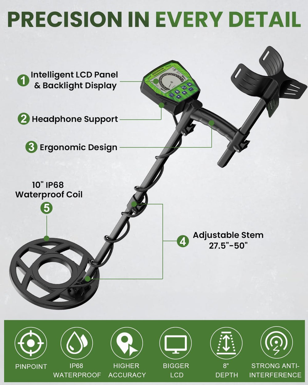 GDDREAM Metal Detector adjustable shaft in green and black