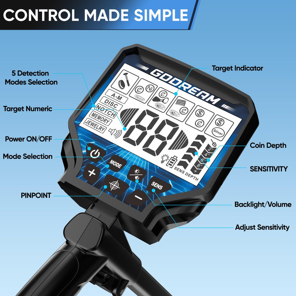 GDDREAM Metal Detector MD7011 backlit LCD display close-up