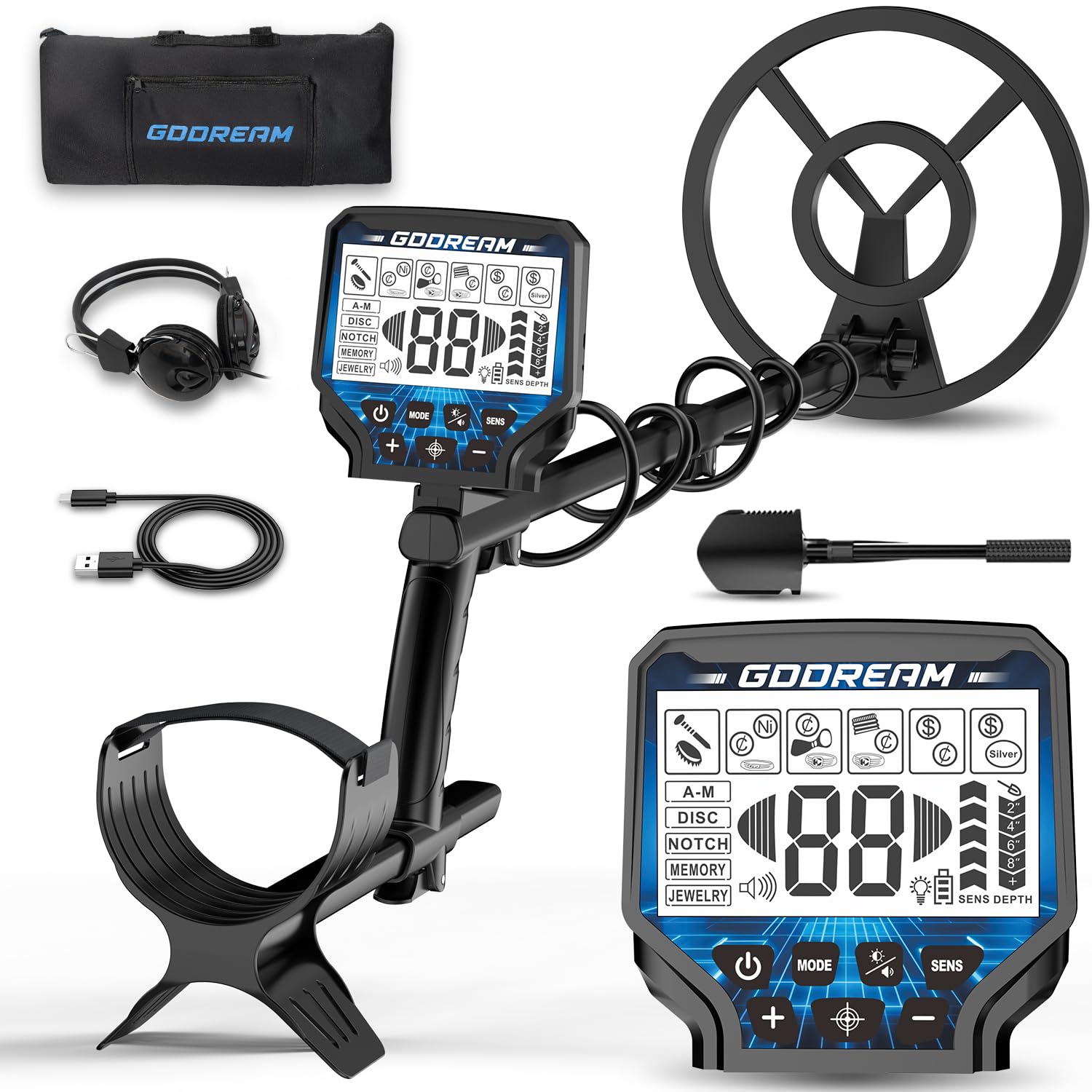 GDDREAM Metal Detector MD7011 front view with 10" waterproof coil