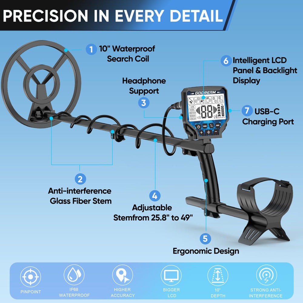 GDDREAM Metal Detector MD7011 with headphones and digging shovel