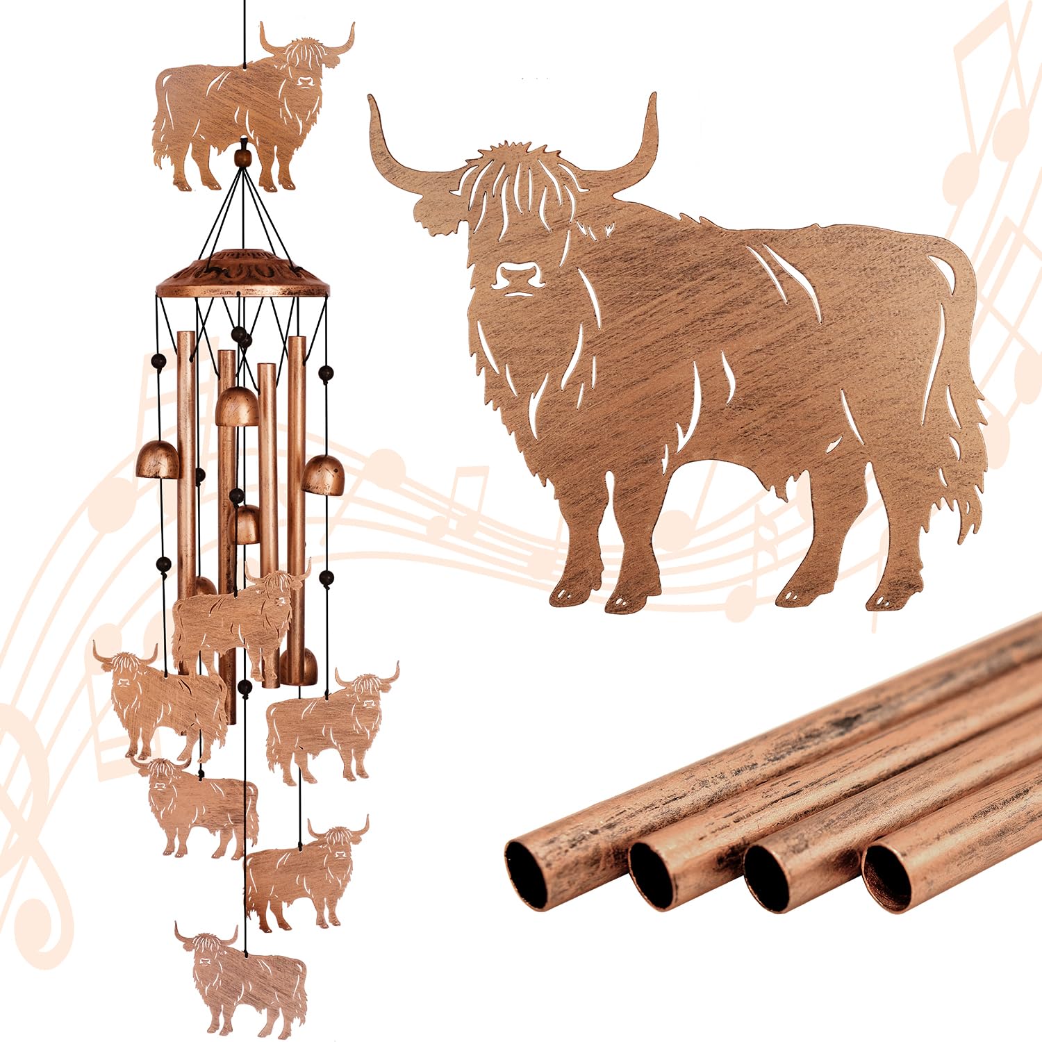 GDNSFIT Highland Cow Wind Chimes outdoor view with six small cows
