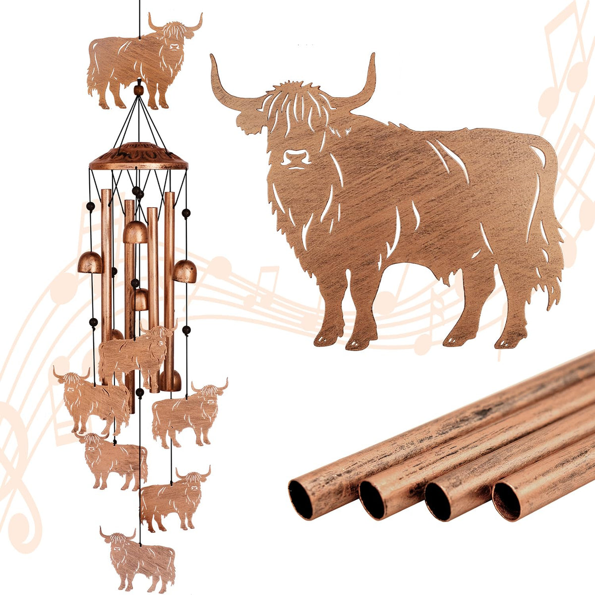 GDNSFIT Highland Cow Wind Chimes outdoor view with six small cows