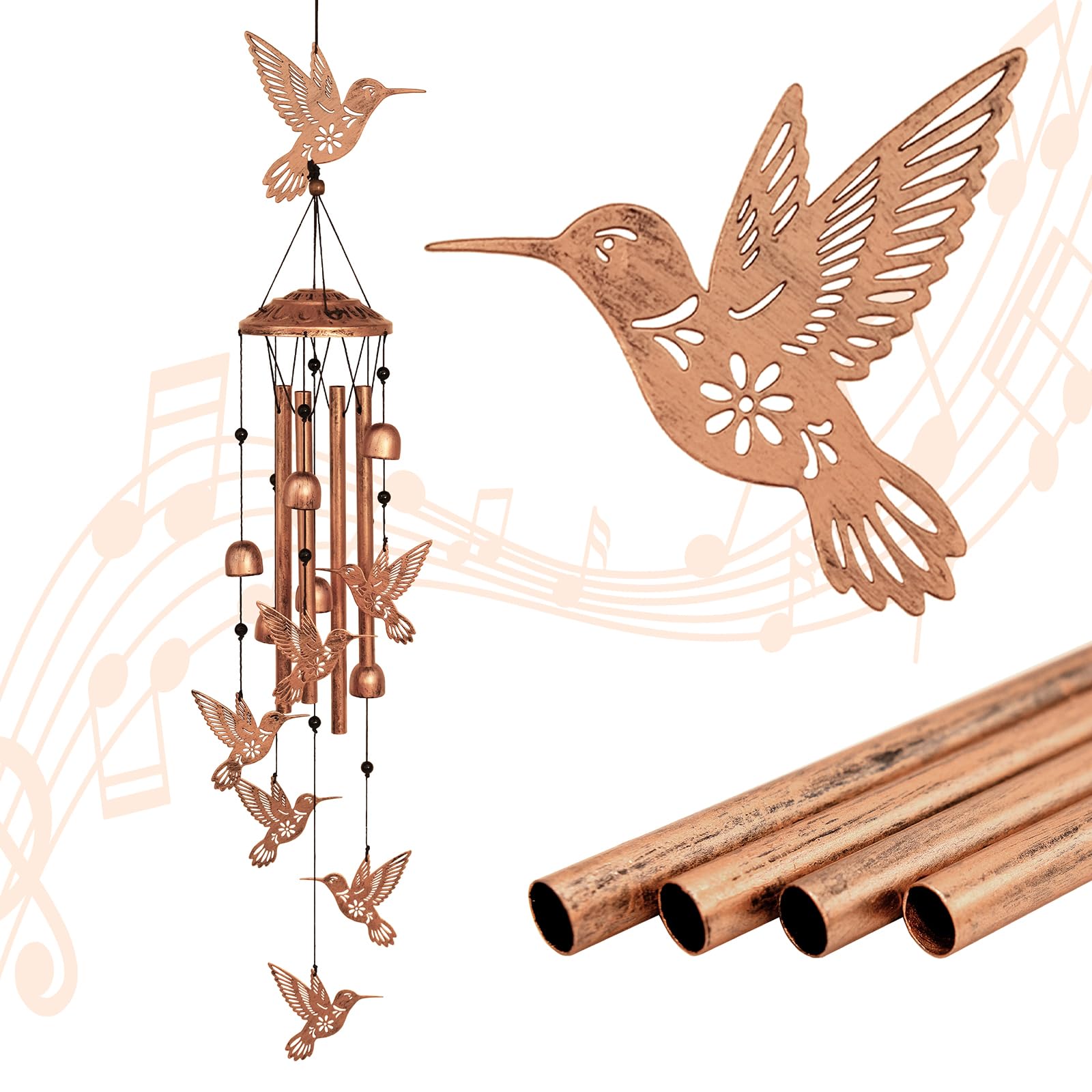GDNSFIT Hummingbird Wind Chimes front view with large hummingbird