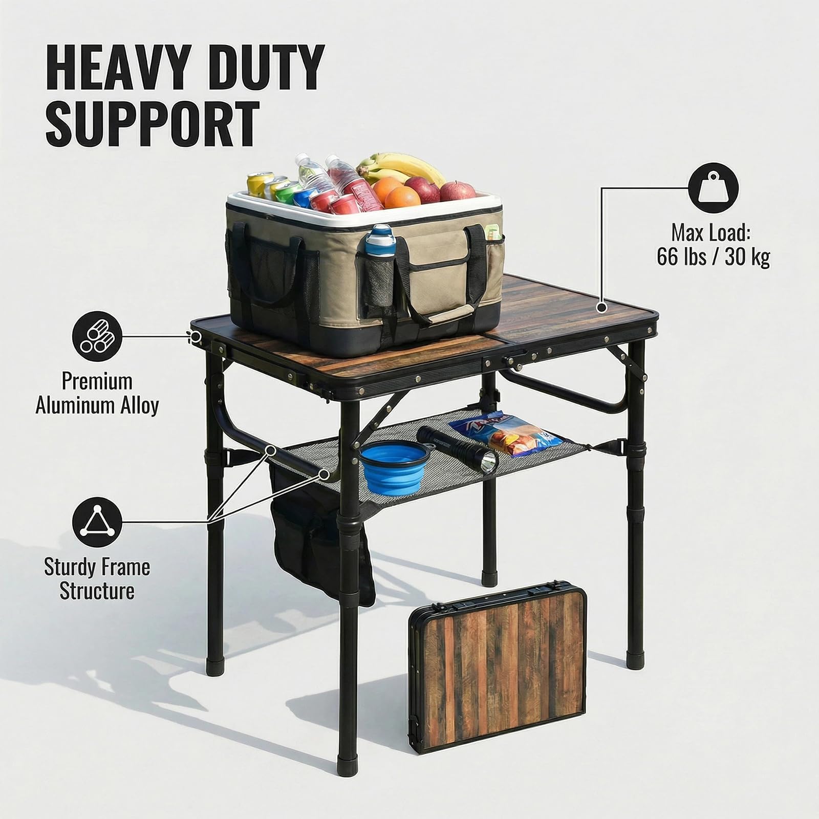 Geastsheng Small Folding Camping Table with S hooks and mesh storage tier