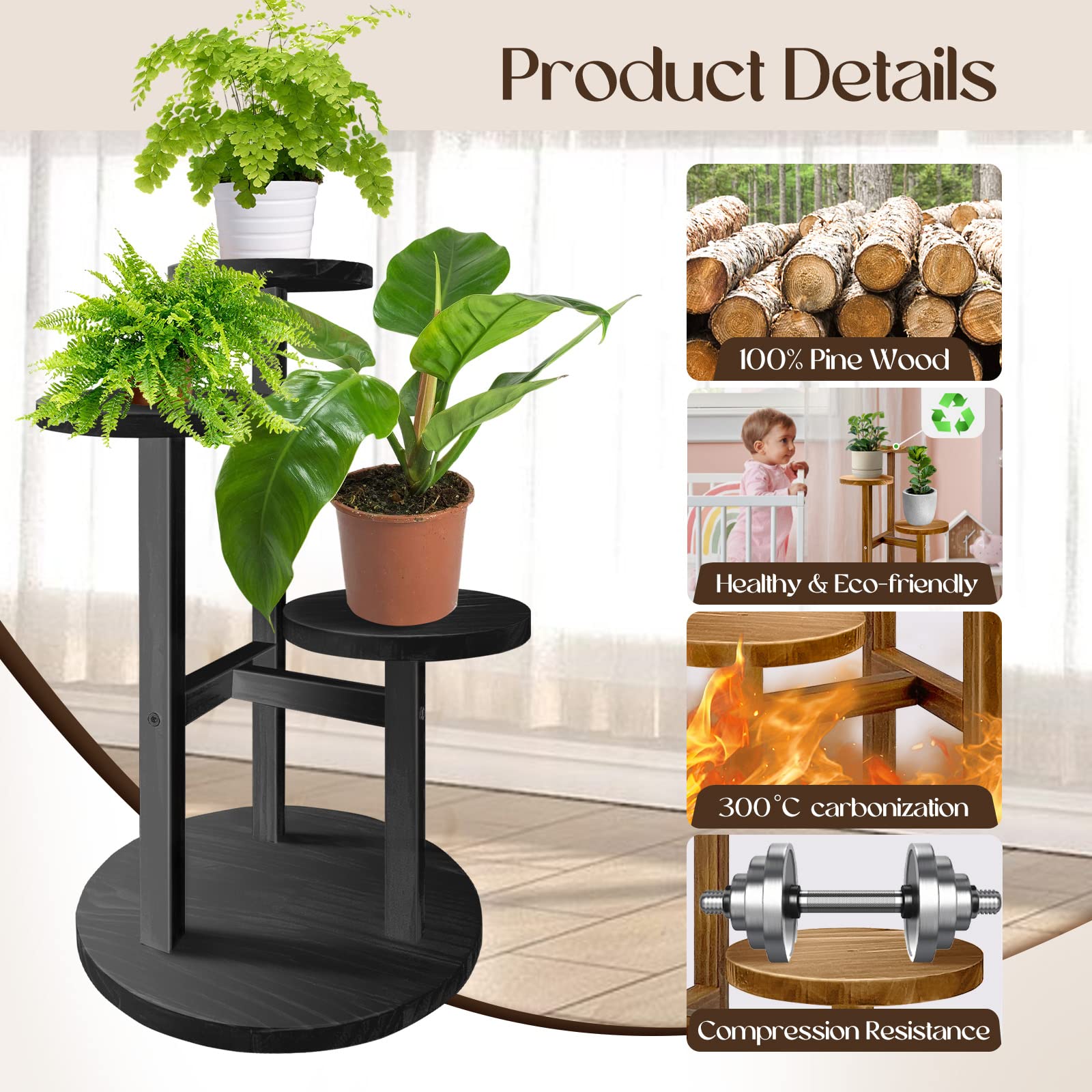 GEEBOBO 3 Tier Plant Stand assembled with pots