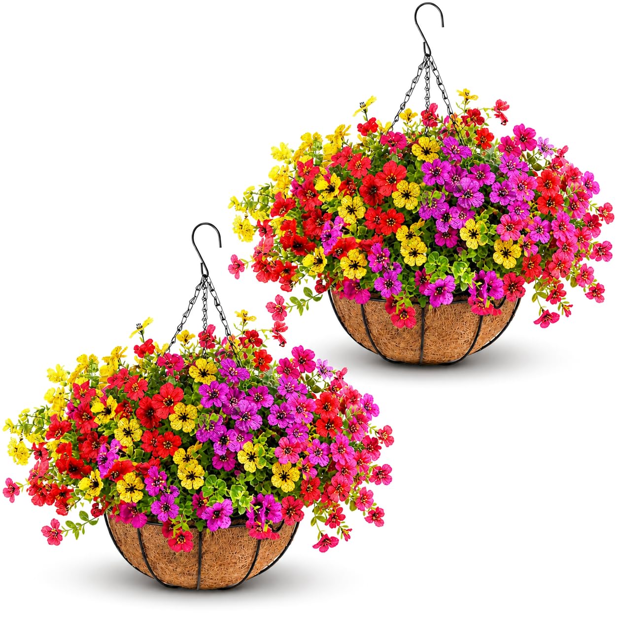 Geegoods artificial hanging basket with mixed colour mums flowers front view