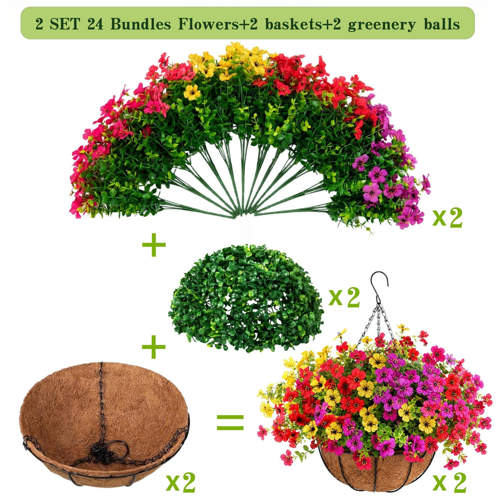Geegoods hanging basket set showcasing vibrant artificial flowers and grass base
