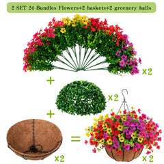 Geegoods hanging basket set showcasing vibrant artificial flowers and grass base