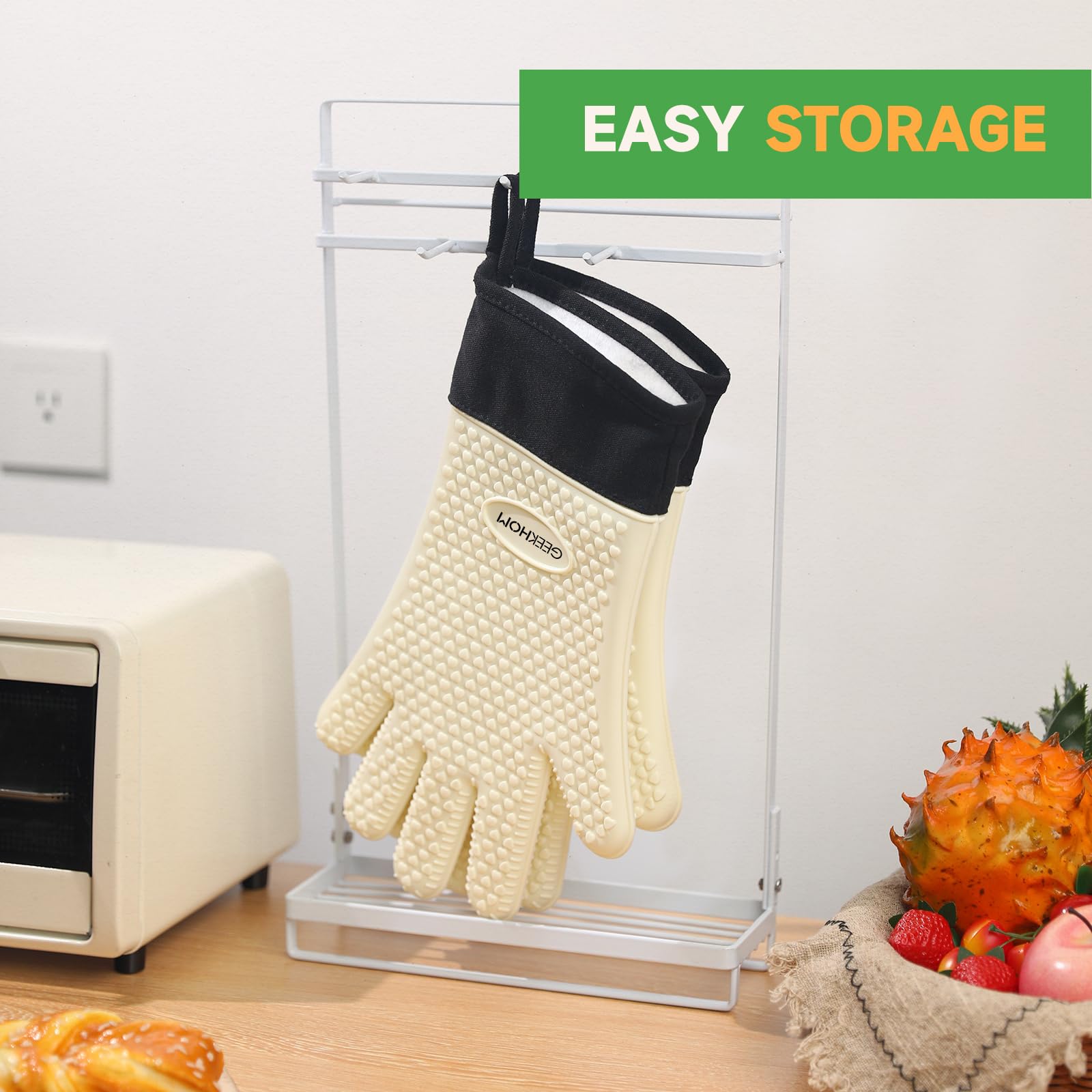 GEEKHOM BBQ Gloves displayed with grilling accessories