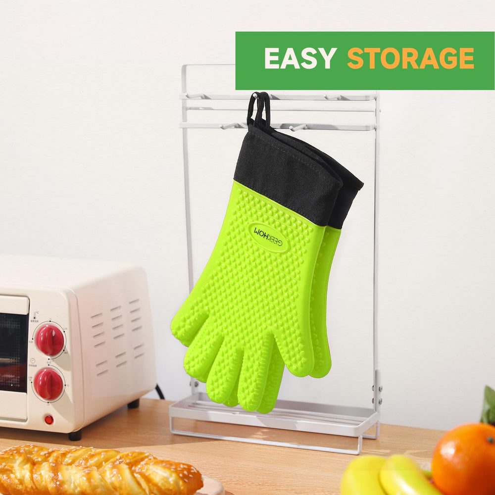 GEEKHOM BBQ Gloves on a grill with food