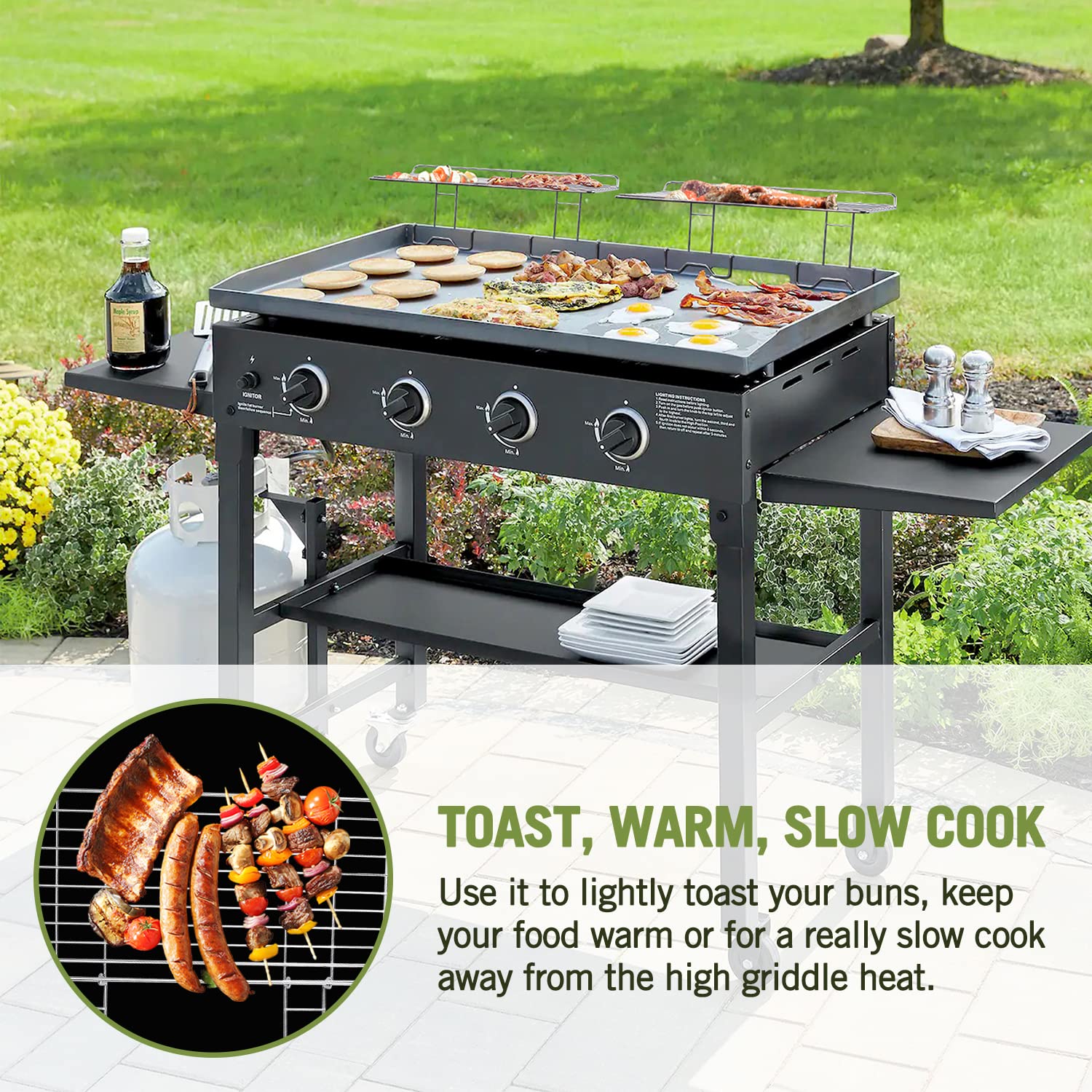 Geesta Griddle Warming Rack with food on top during grilling