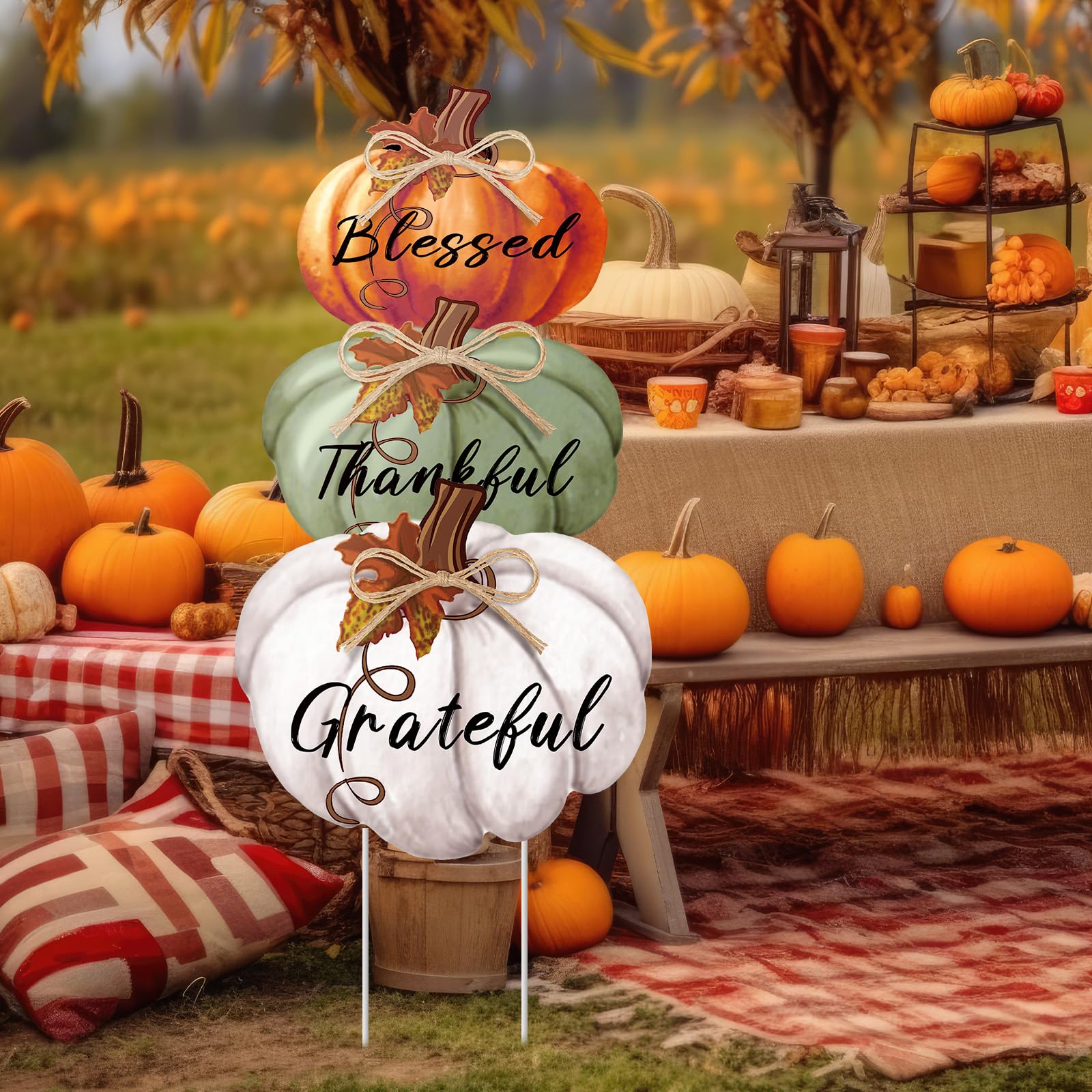 Geetery pumpkin yard signs displayed in a garden setting