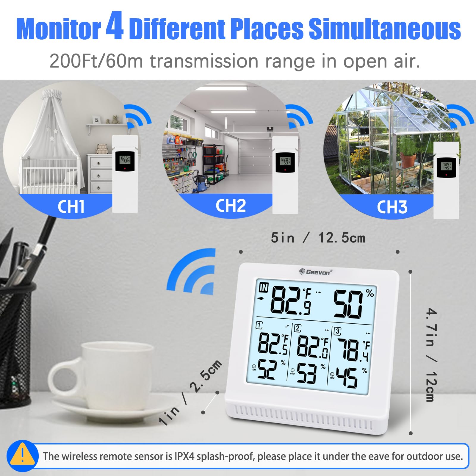 Geevon Indoor Outdoor Thermometer display showing temperature readings