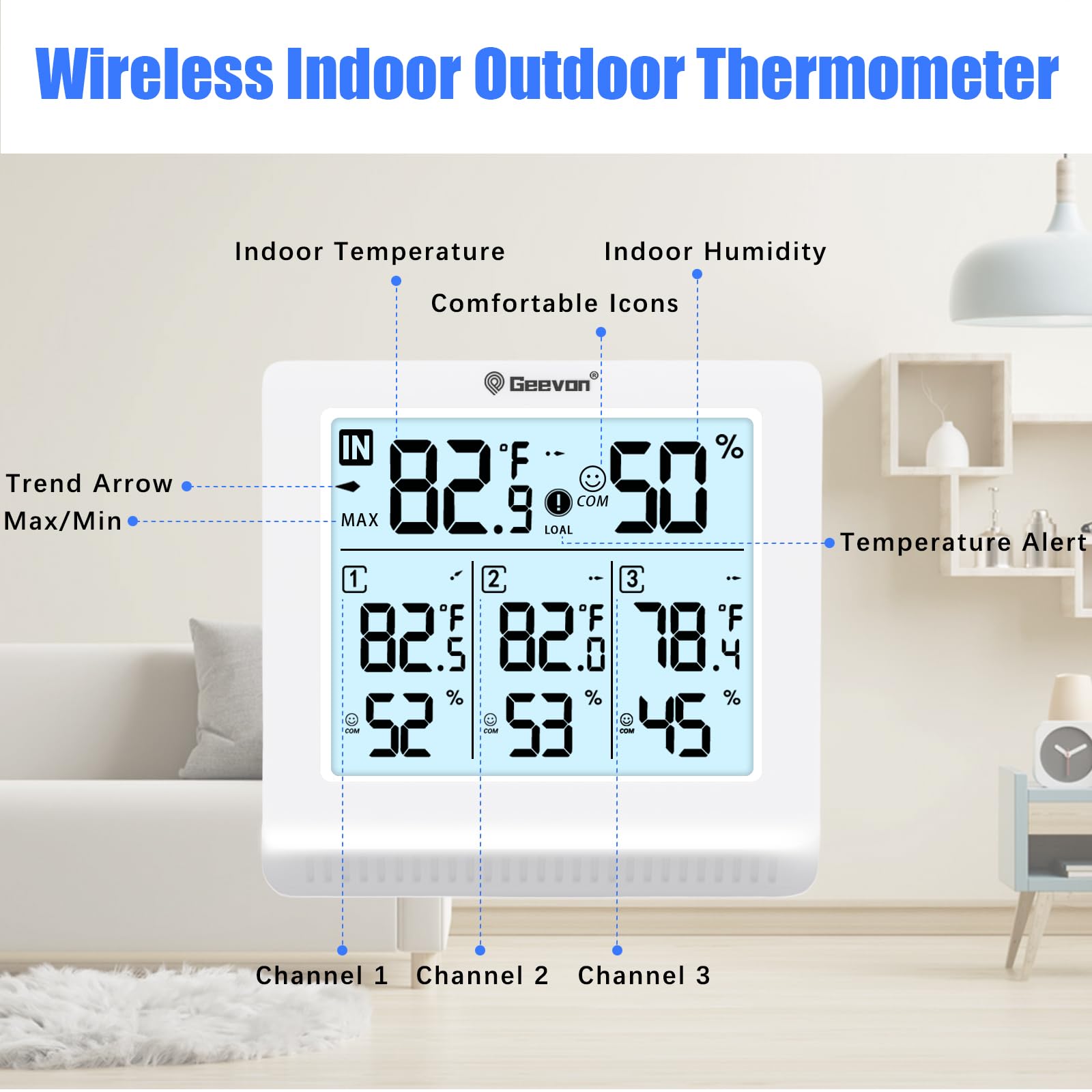 Geevon thermometer placed on a tabletop for easy viewing