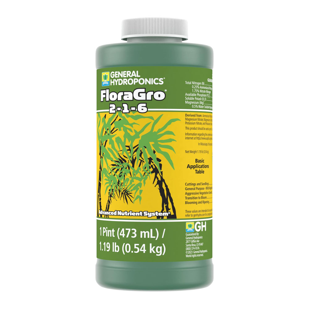 General Hydroponics FloraGro 2-1-6 Plant Food 16 oz back view showing safety instructions