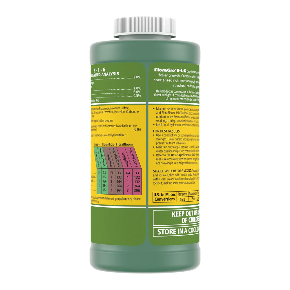 General Hydroponics FloraGro 2-1-6 Plant Food 16 oz label close-up
