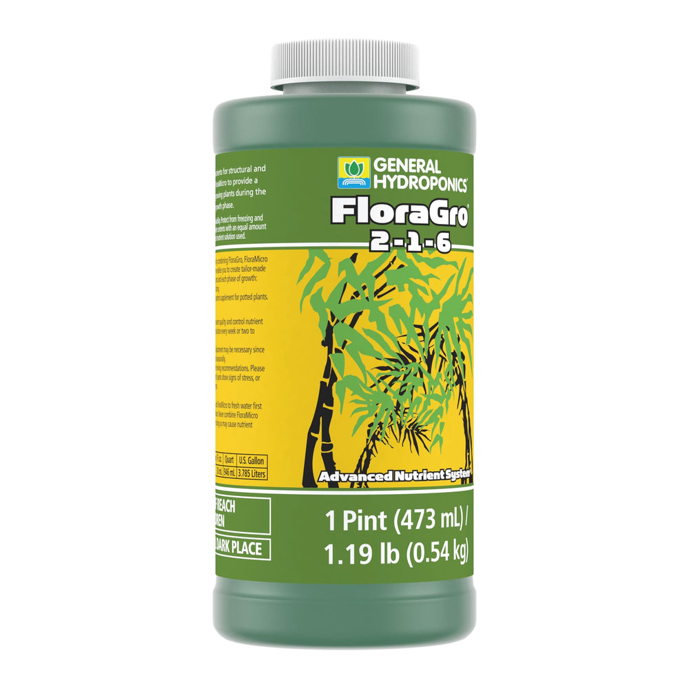 General Hydroponics FloraGro 2-1-6 Plant Food 16 oz with hydroponic setup