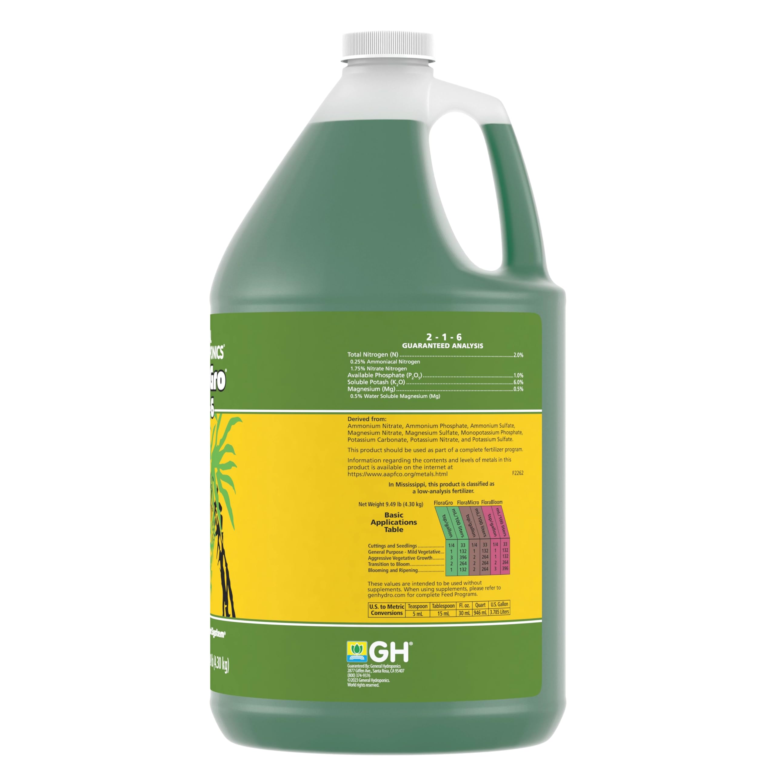 General Hydroponics FloraGro 2-1-6 Plant Food label and specifications