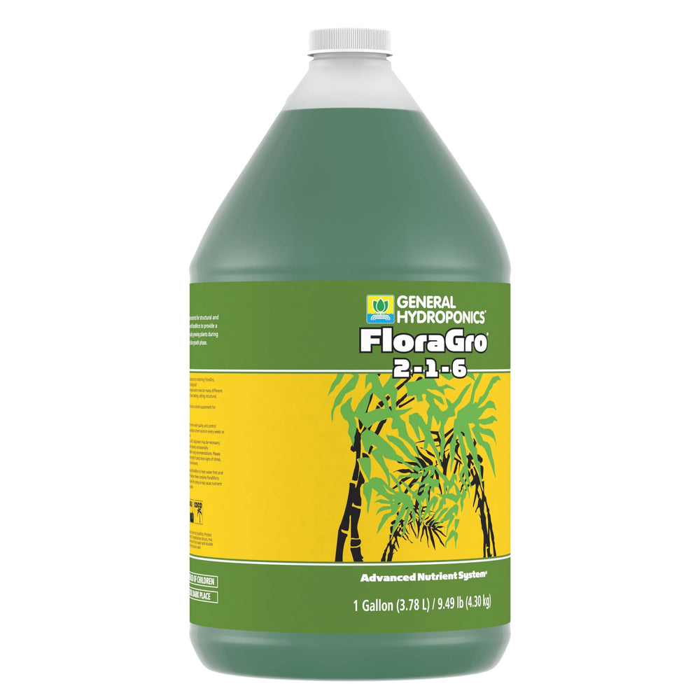 General Hydroponics FloraGro 2-1-6 Plant Food liquid inside a measuring cup