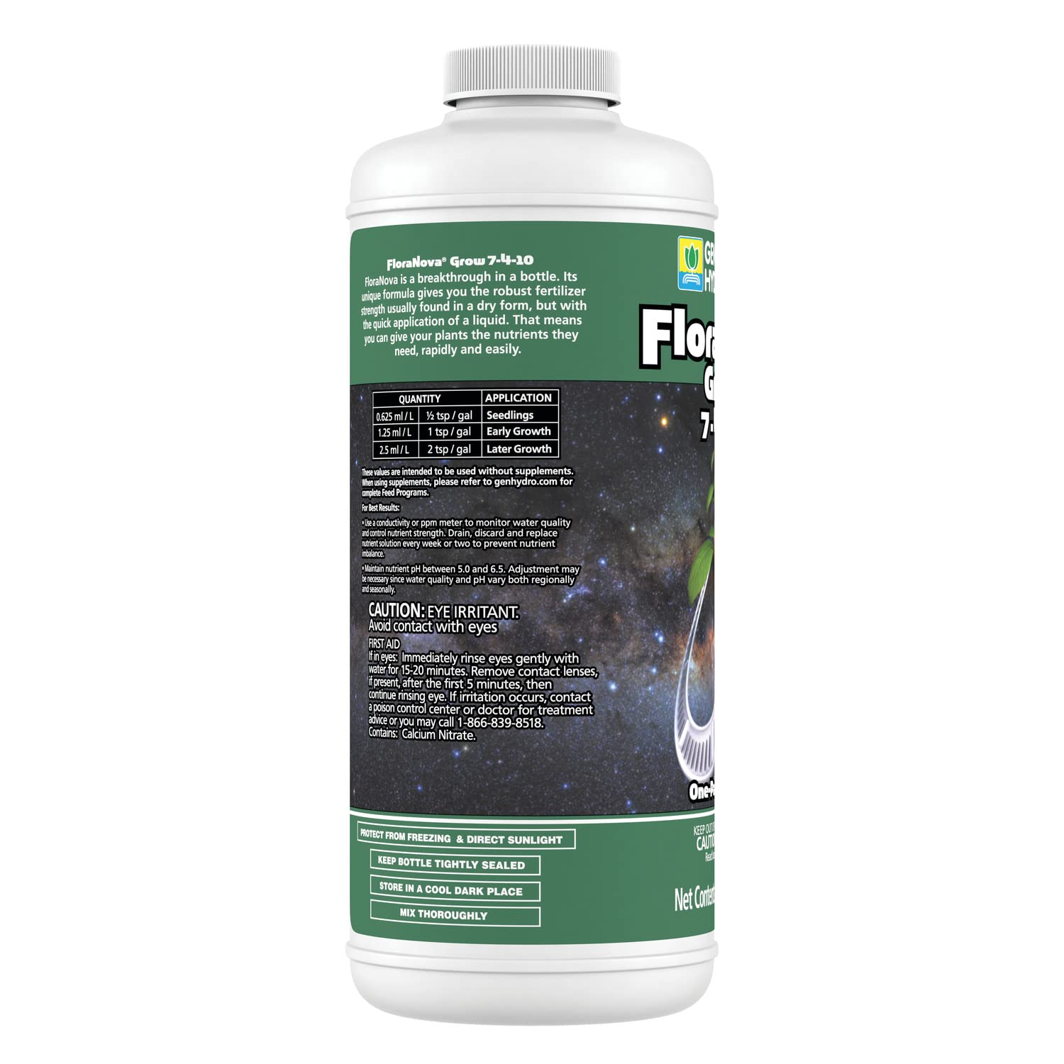 General Hydroponics FloraNova Grow 7-4-10 Liquid Fertilizer on a shelf