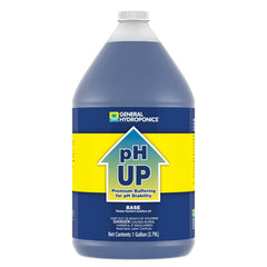 General Hydroponics pH Up Liquid Buffer 1 Gallon blue bottle front view