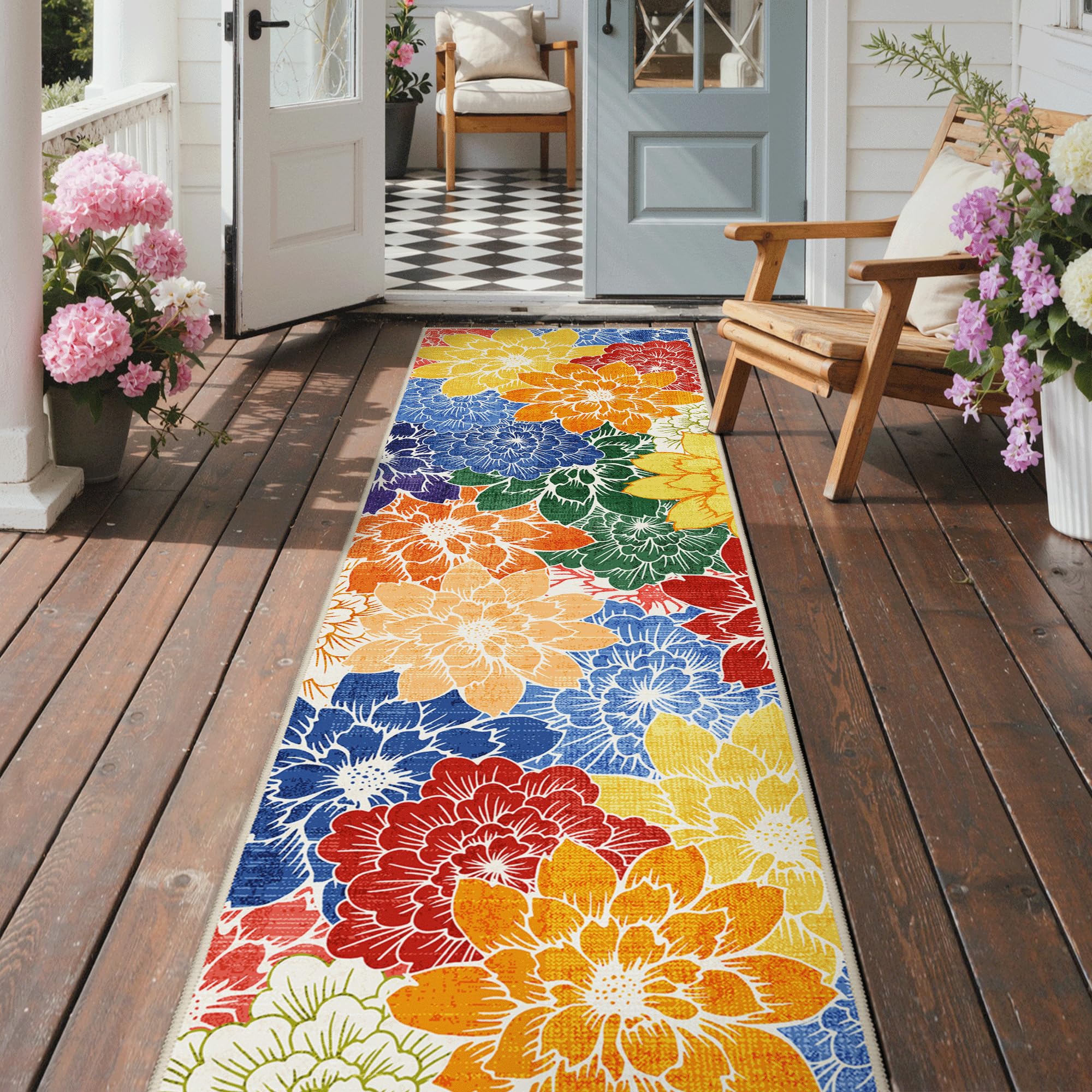 GENIMO 2.5x8 Outdoor Runner Rug front view showcasing floral design