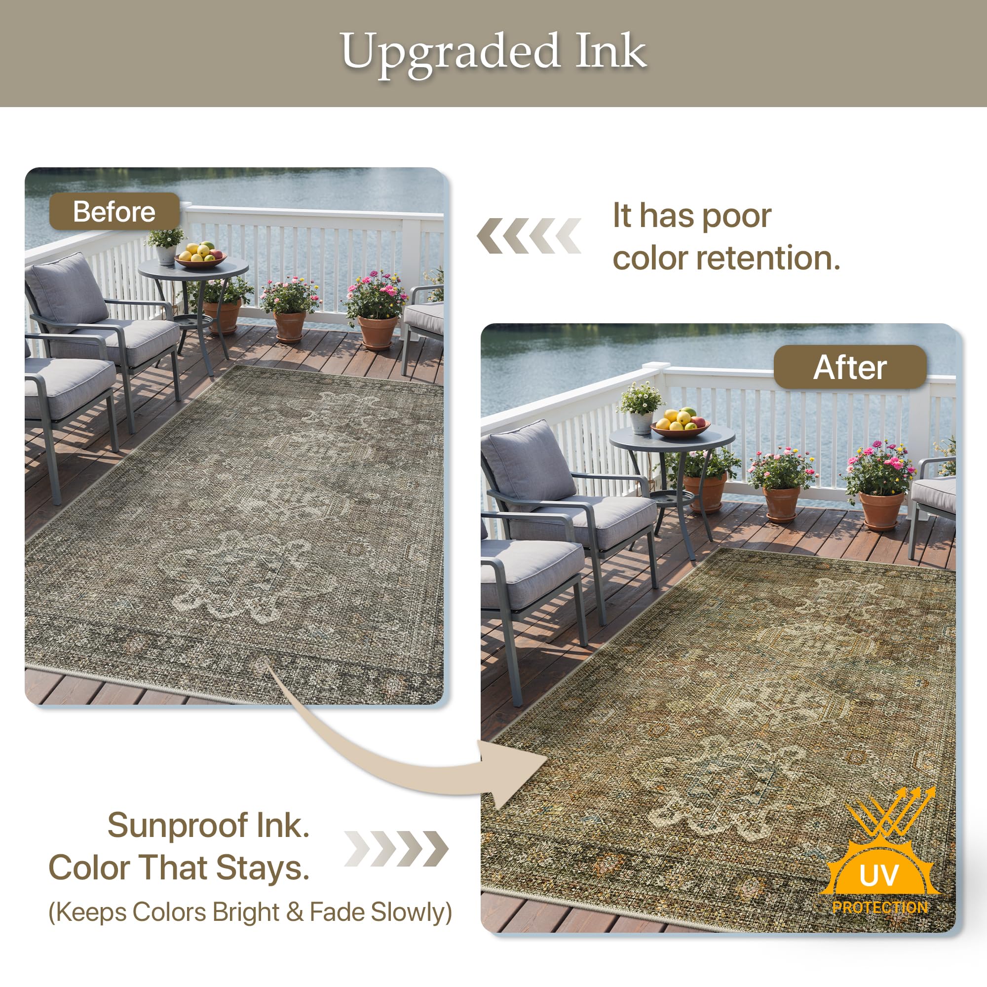 GENIMO 2.5x8 Outdoor Runner Rug, Olive Brown on balcony
