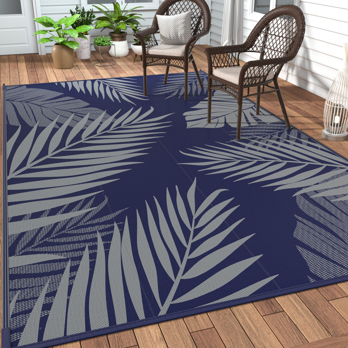 GENIMO 4'x6' Outdoor Rug blue grey palm leaf design front view