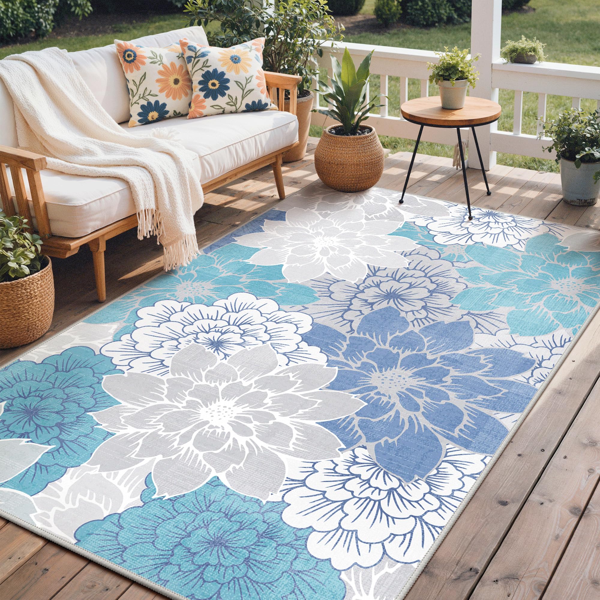 GENIMO 4x6 Outdoor Rug in Aqua Grey front view