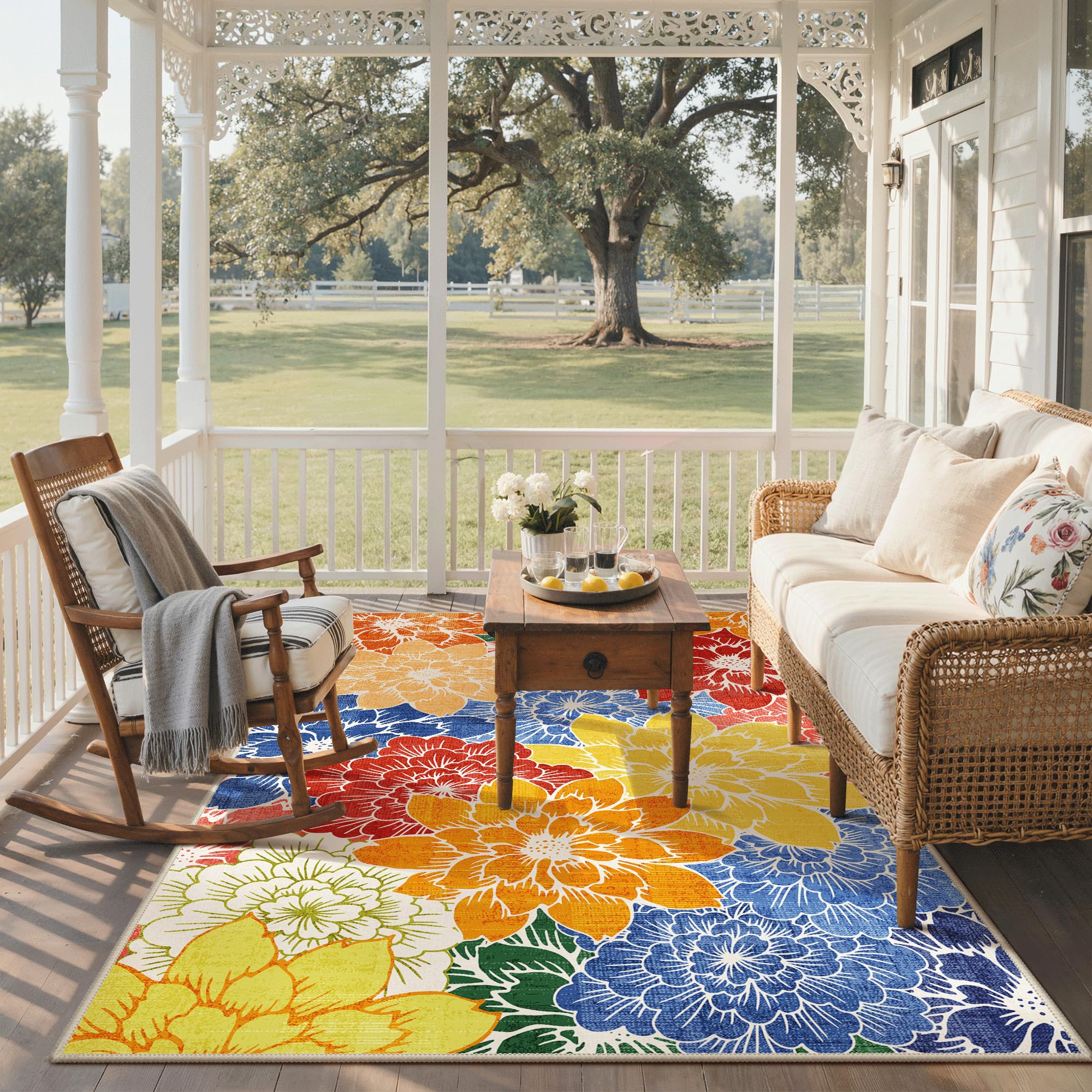 GENIMO 4x6 Outdoor Rug Multicolor in backyard setting