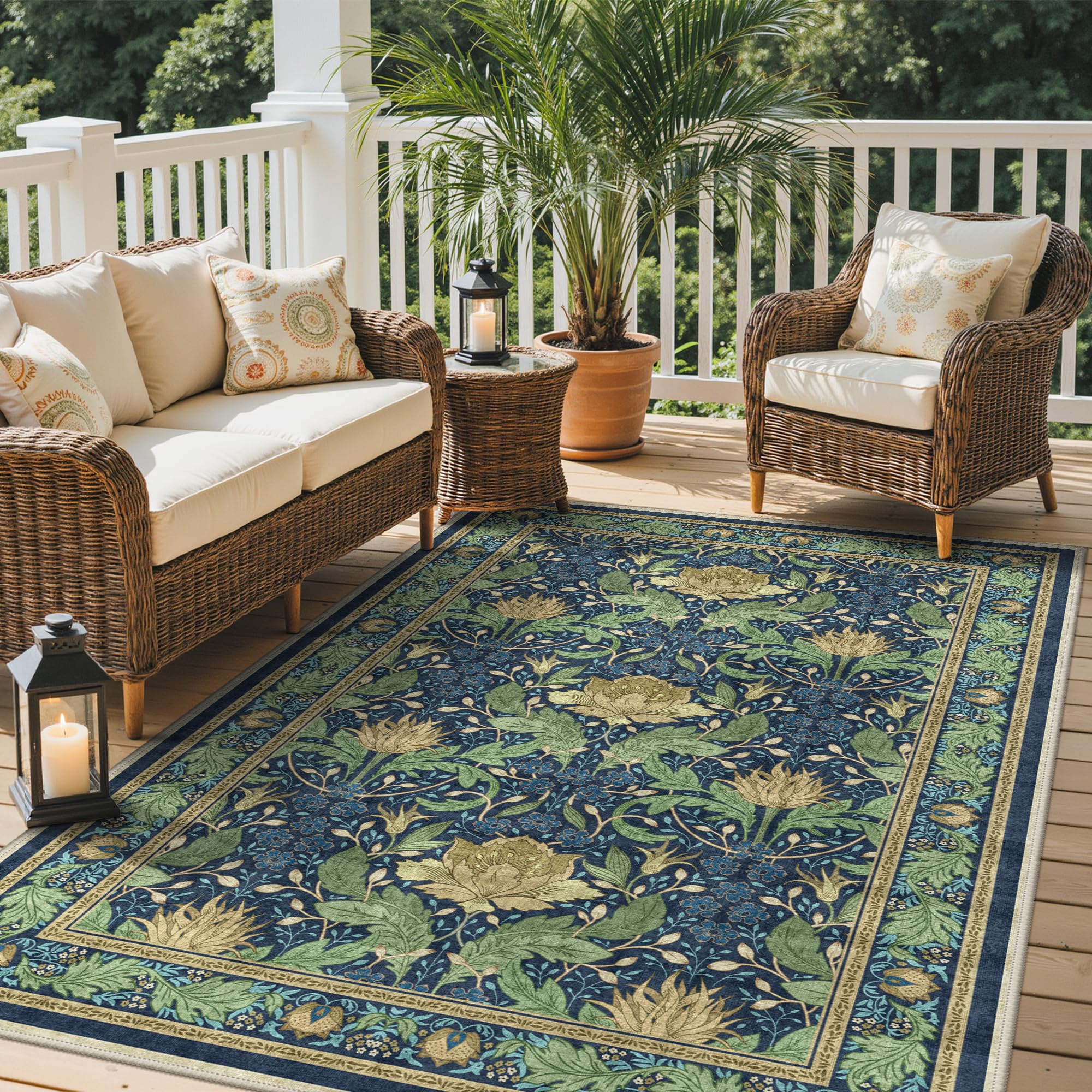 GENIMO 5x8 Outdoor Rug, Blue Green front view