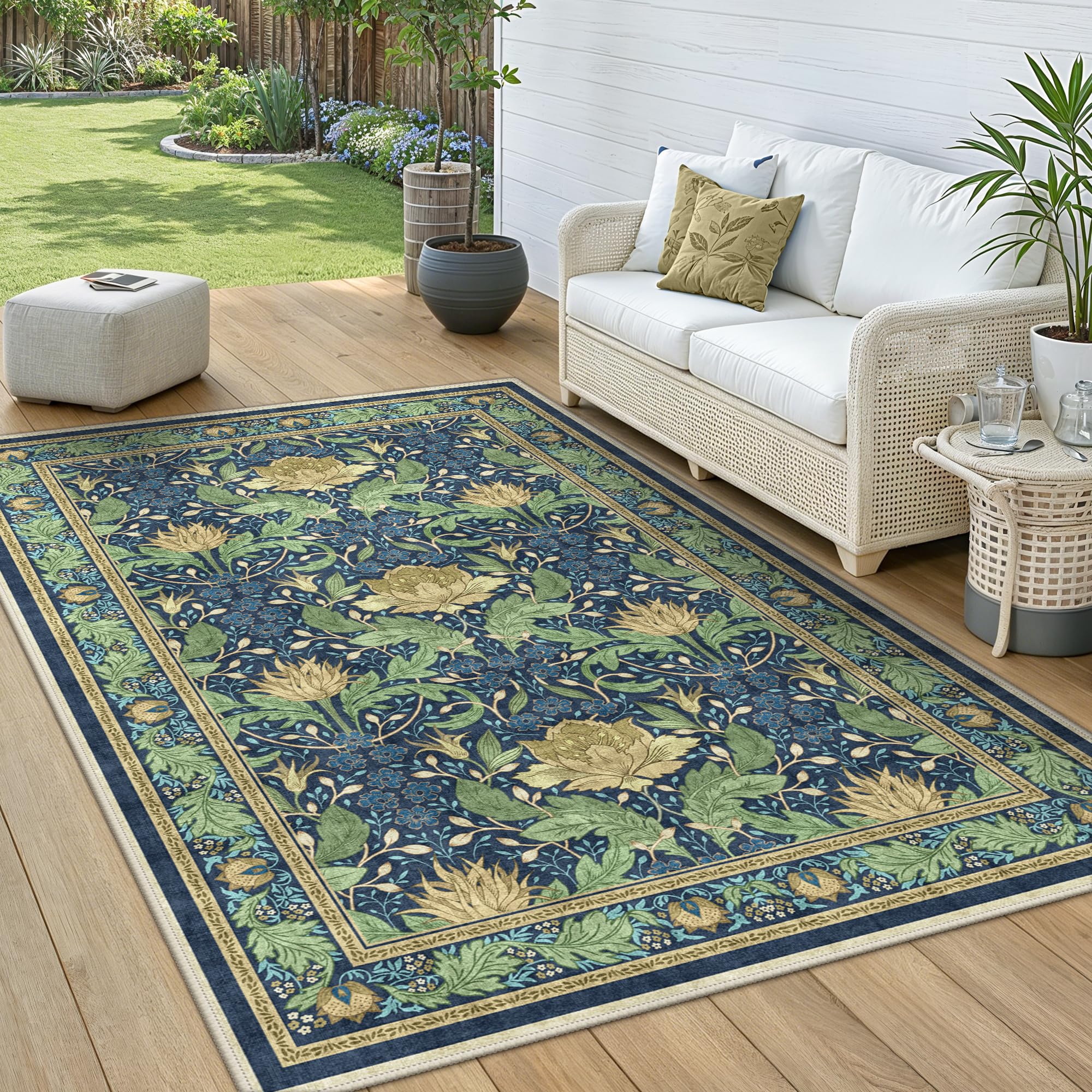 GENIMO 5x8 Outdoor Rug, Blue Green side view