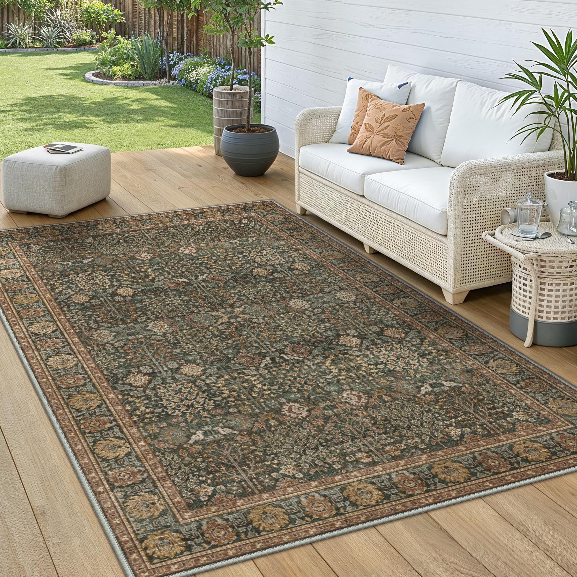 GENIMO 5x8 Outdoor Rug Deep Green close-up of chenille texture