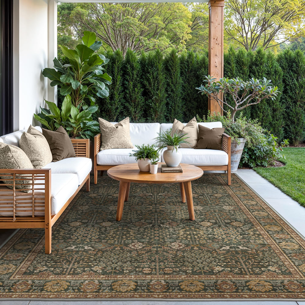 GENIMO 5x8 Outdoor Rug Deep Green on patio setting