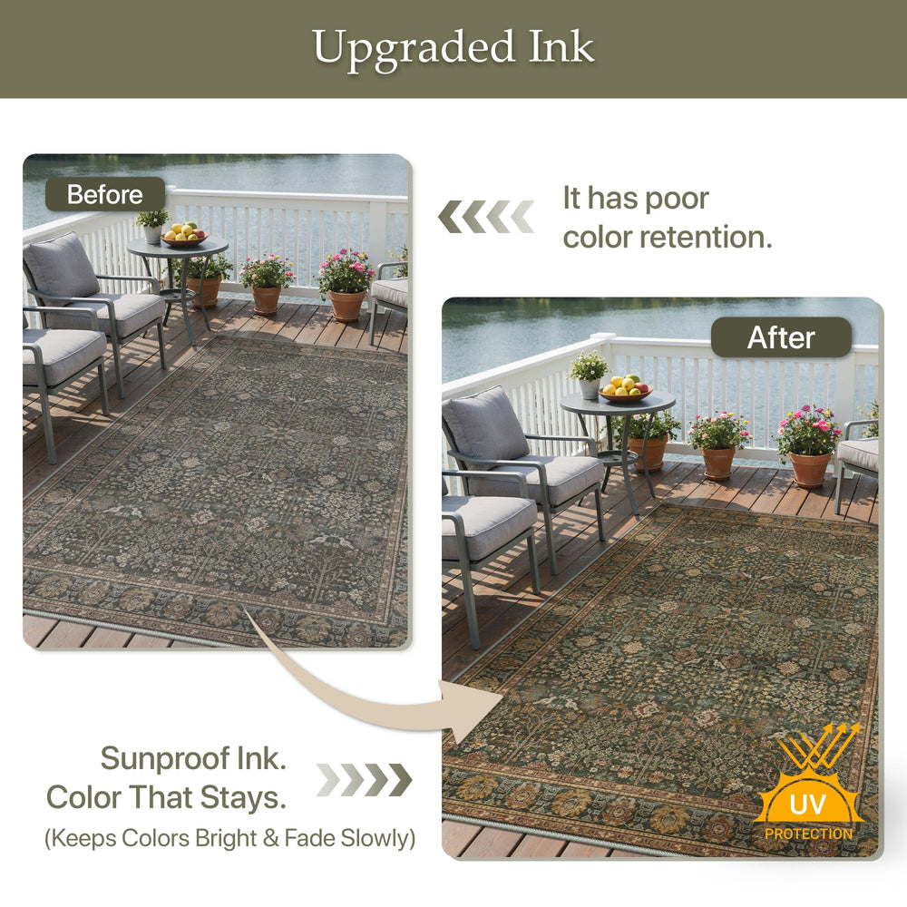 GENIMO 5x8 Outdoor Rug Deep Green showing slip-resistant backing