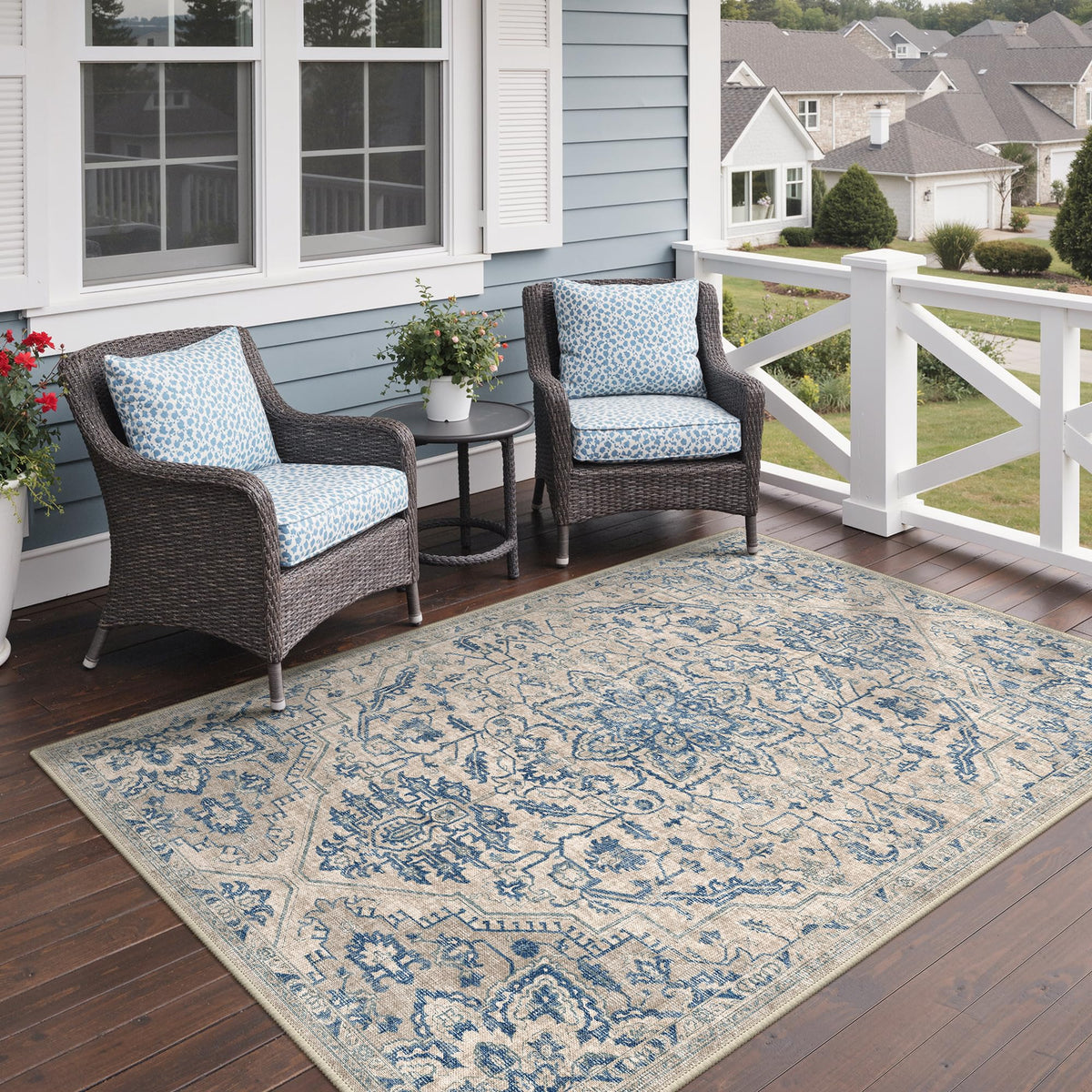 GENIMO 5x8 Outdoor Rug in beige and light blue front view