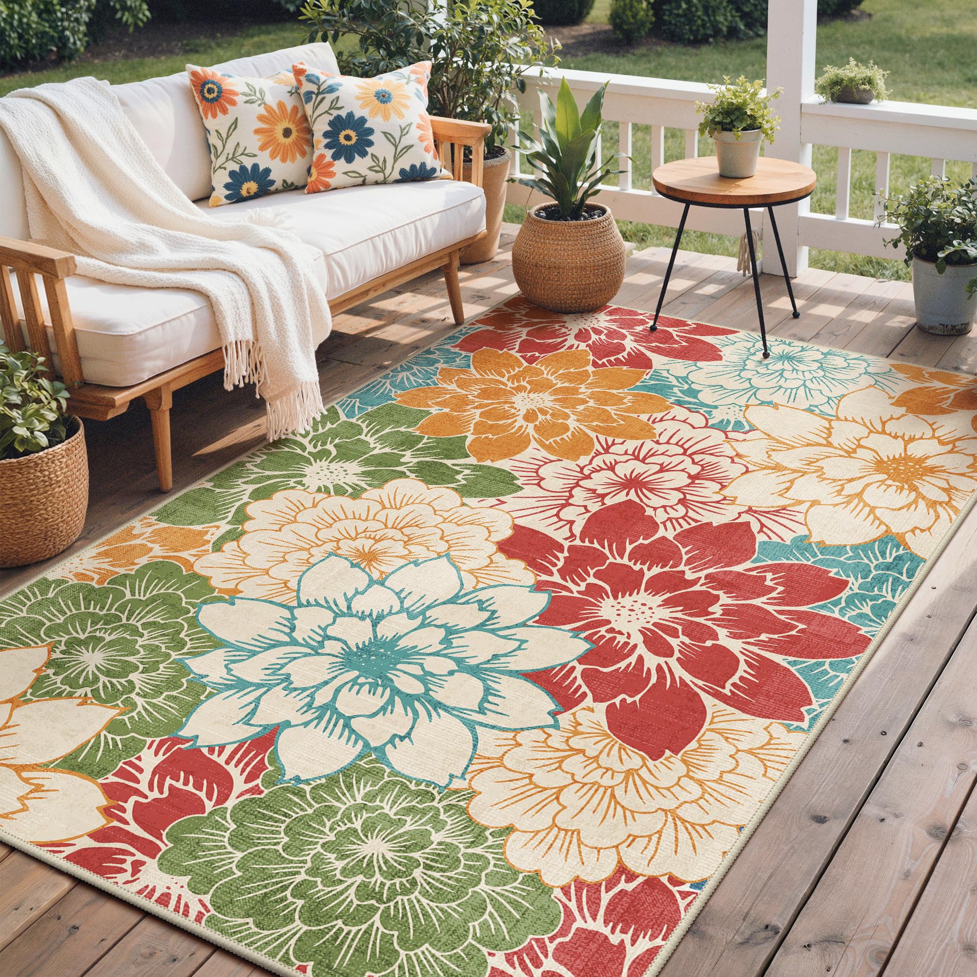 GENIMO 5x8 outdoor rug in Rust Teal with floral pattern
