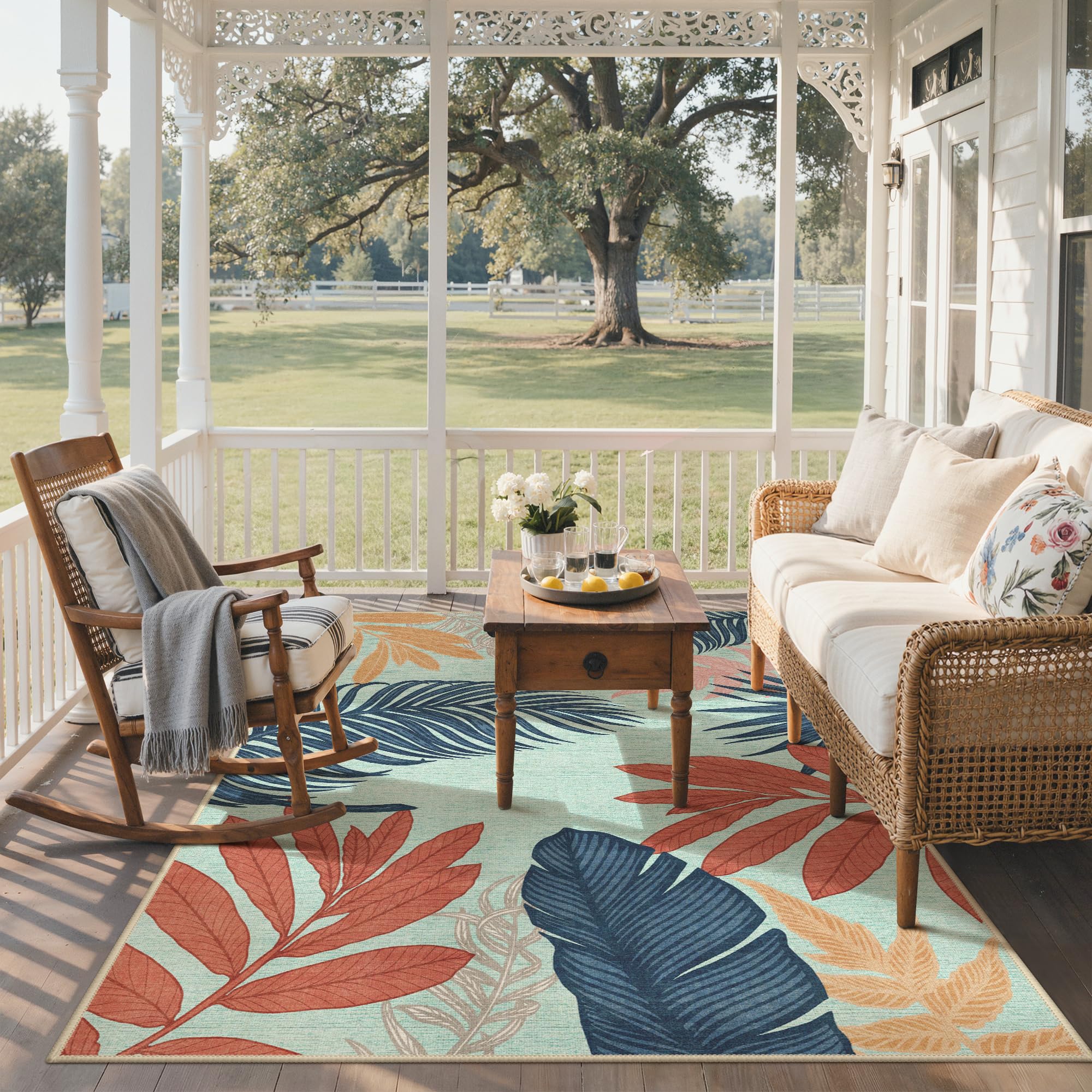 GENIMO 5x8 Outdoor Rug Navy Sage folded for storage