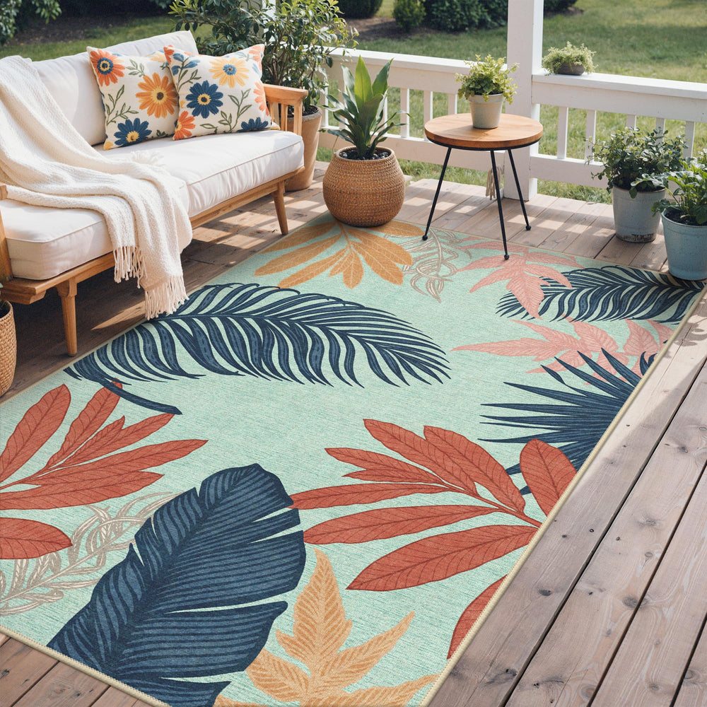 GENIMO 5x8 Outdoor Rug Navy Sage in garden setting